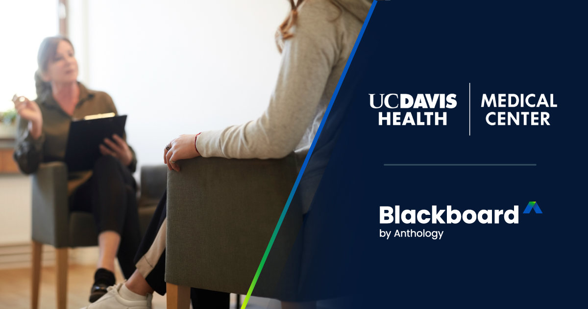 Two people conversing in an office setting with UC Davis Health and Blackboard logos. Transcribed Text: UC DAVIS HEALTH | MEDICAL CENTER Blackboard by Anthology